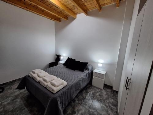 a bedroom with a bed with a pillow on it at RyM Departamentos in Barraquero