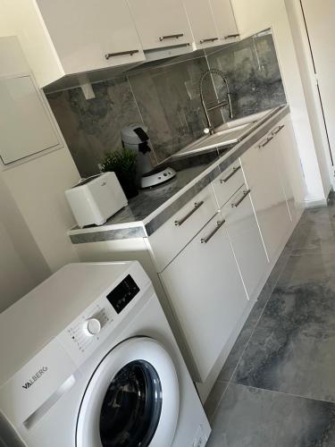 - un lave-linge dans la cuisine équipée d'un évier dans l'établissement Studio, vu latéral mer, à La Grande Motte