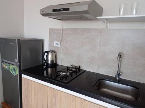 una cucina con fornelli, lavello e microonde di Mono ambiente cómodo a Santa Cruz de la Sierra