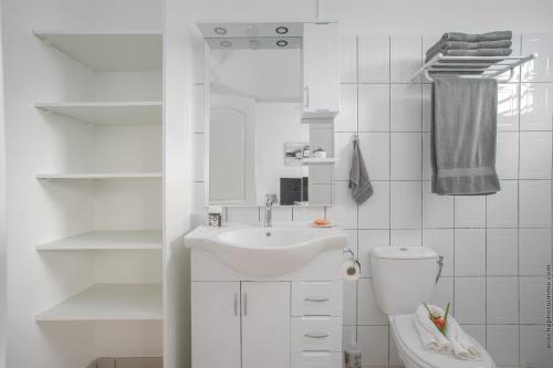 a white bathroom with a sink and a toilet at Verveine au Refuge de Madiana in Schœlcher