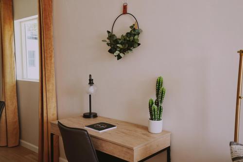 a dining room table with a plant and a mirror at Centrally Located! Remodeled! Huge Backyard! The White House in Albuquerque