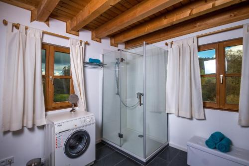 a bathroom with a shower and a washing machine at Chalet am Bach in Bad Birnbach