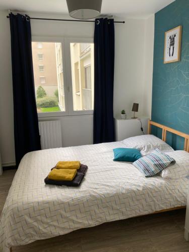 Un dormitorio con una cama con paredes azules y una ventana. en Cosy flat 2 chambres, en Saint-Étienne