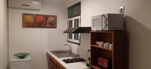 a small kitchen with a sink and a microwave at Résidence KAYA, Marie-Galante, Vue Mer in Grand-Bourg