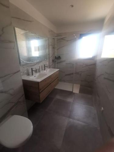 une salle de bain avec un lavabo, des toilettes et un miroir dans l'établissement Villa t4, à Lucciana