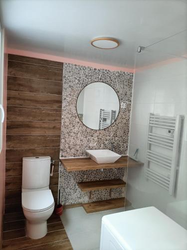une salle de bain avec des toilettes blanches et un miroir dans l'établissement 50m de la plage - Appartement, à Mers-les-Bains