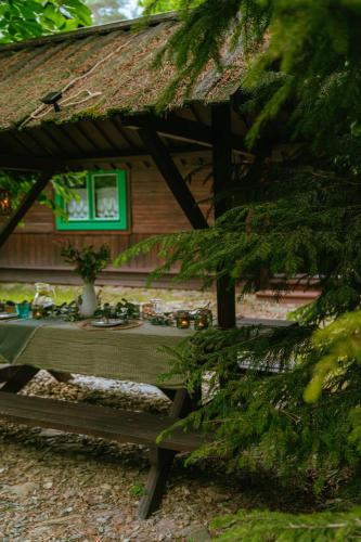 a picnic table in front of a wooden cabin at Chata w Leśnych Pieleszach - sauna & balia z jacuzzi na wyłączność in Łukawica