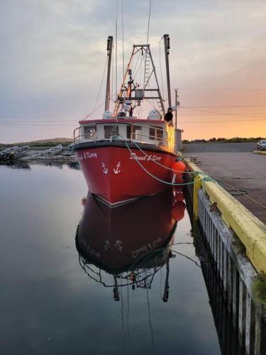 a red boat sitting in the water next to a dock at Sea Captains Cabin in Lamaline