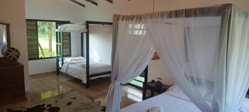 a bedroom with two bunk beds and a window at Hotel oBeja negra Muki in Pitalito