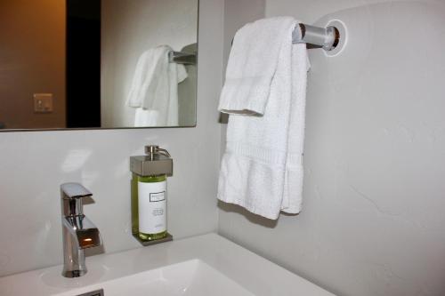 a bathroom with a sink and a mirror and towels at Palooza Basecamp in Cascade