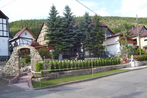 a street in a town with houses and trees at Ferienwohnung Dietlinde in Bad Blankenburg