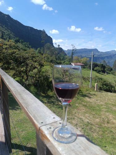 a glass of red wine sitting on a railing at Cabaña al aire libre en Macheta Cundinamarca - Tiny House - Glamping Caelum in Machetá