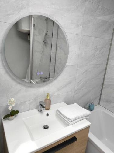 une salle de bain avec un lavabo, un miroir et une baignoire dans l'établissement Magnifique Studio Douillet, au Mans