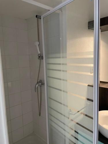une douche avec une porte vitrée dans une salle de bain dans l'établissement Joli appartement sur Aix-en-Provence, à Aix-en-Provence