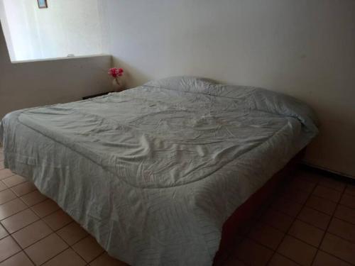 a bed in a bedroom with a gray comforter at Residencia Villegas in Delicias