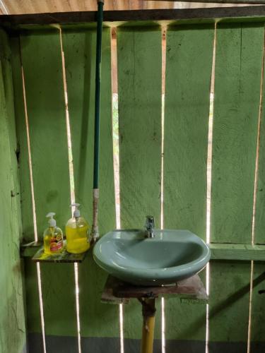a green sink in a green wall at Alojamiento Amazonas Leticia Hostal Indigena El picaflor Muhu in Santa Sofía