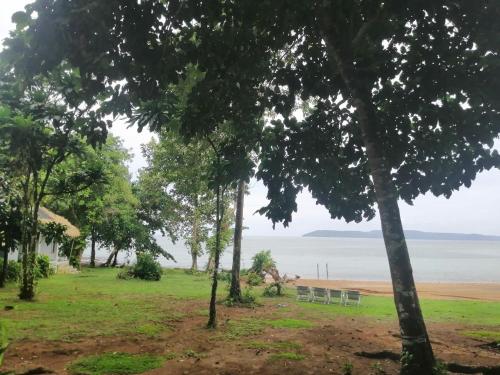 a bench sitting on the beach near the water at Villa Allure Koh Mak in Ko Mak