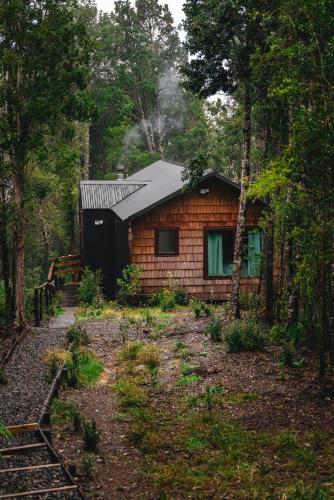 a small cabin in the woods with smoke coming at Puente Palos San Pedro in Castro