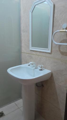 a bathroom with a white sink and a mirror at La casa de los abuelos in Santiago del Estero