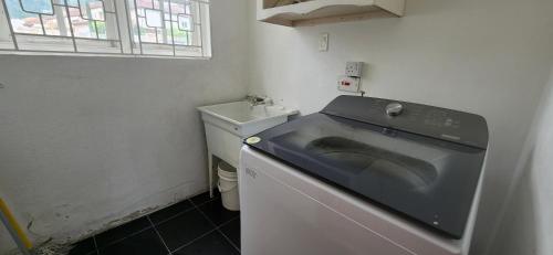 a washing machine in a small bathroom with a sink at Bohemian Lodge - Artist's Boutique in Kingston