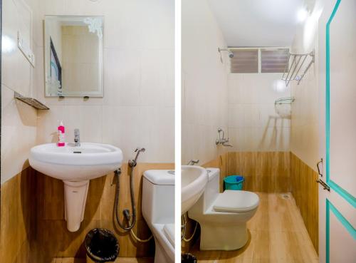 two pictures of a bathroom with a sink and a toilet at 2Bhk Rajkamal Suites at Vagator in Assagao