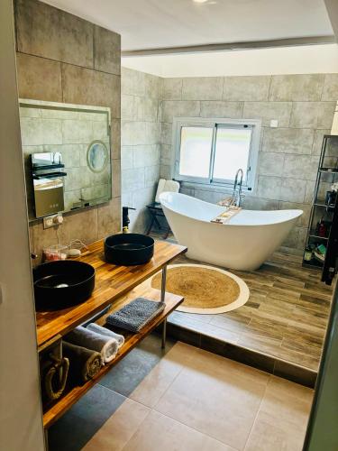 La salle de bains est pourvue d'une grande baignoire et d'un lavabo. dans l'établissement Magnifique Villa piscine, à Fabrègues
