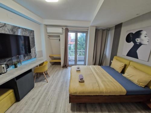 a hotel room with a large bed and a television at Vanilla Boutique Hotel in Skopje