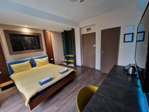a hotel room with a bed and a television at Vanilla Boutique Hotel in Skopje