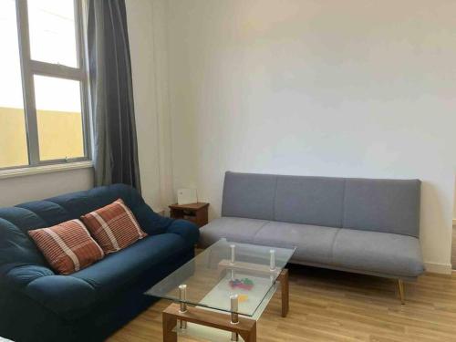 a living room with a blue couch and a table at Sunny apartment in central Karori in Wellington