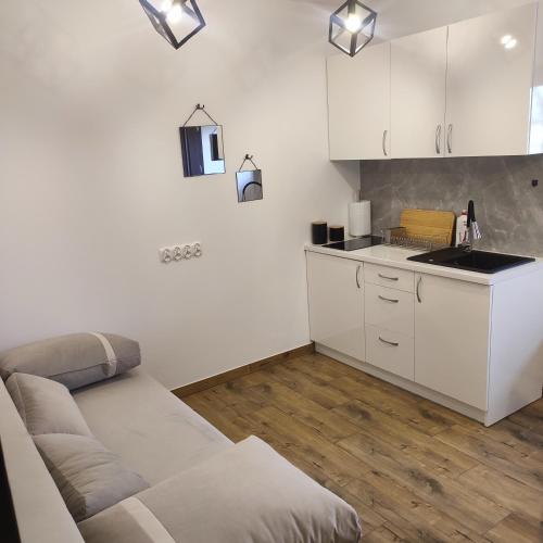 a living room with a couch and a kitchen at Apartament Leśna Przystań in Biały Dunajec