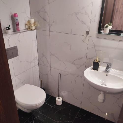 a white bathroom with a toilet and a sink at Apartament Leśna Przystań in Biały Dunajec