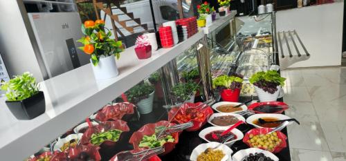 una mostra di piante e fiori sugli scaffali di un negozio di SKYBLUE İSTANBUL HOTEL a Istanbul
