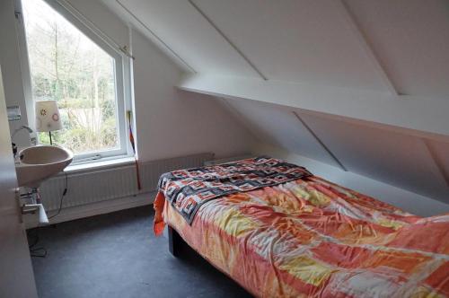 a bedroom with a bed and a sink and a window at Natuurhuis Drents-Friese Wold in Zorgvlied