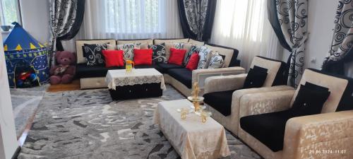a living room with a black couch and red pillows at Kuki dom Ganja in Bagbanlar