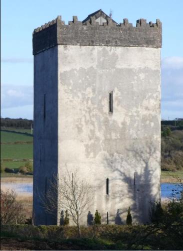 an old castle with a shadow on the side of it at Ballindooley Castle in Galway