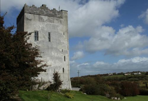 a tall building on top of a green field at Ballindooley Castle in Galway