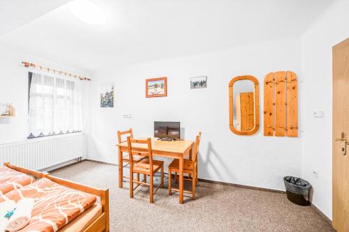a bedroom with a table and a bed and a desk at Ubytování u Foltýnů - Zelená Lhota in Nýrsko