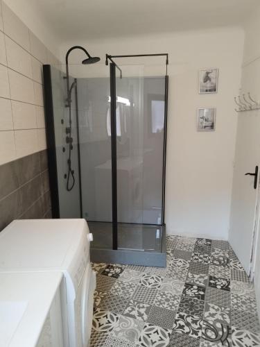 une douche avec une porte vitrée dans une salle de bain dans l'établissement Jolie maison de bourg tout équipée 10km d'Ambert, à Saint-Amant-Roche-Savine