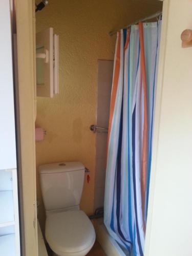une salle de bain avec toilettes et rideau de douche dans l'établissement CANET PLAGE Sud, à Canet