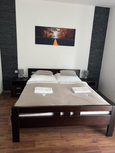 a bedroom with a bed with two pillows on it at Vrbecká restaurace- penzion 1 in Hrubá Vrbka