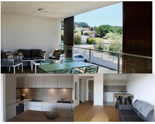 - un salon et une cuisine avec vue sur un balcon dans l'établissement A Rundinella, à Grosseto-Prugna