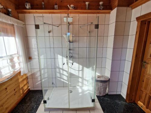 a shower with a glass door in a bathroom at Villa Easy Living in Bierzwnik