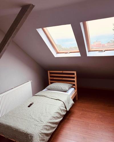 a bedroom with two beds and two skylights at Serbian House in Timişoara