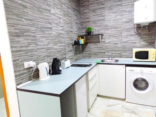 una cocina con lavadora y fregadero en apartamentos Centro PICASSO, en Málaga