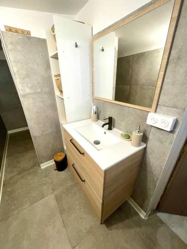 une salle de bain avec un lavabo et un miroir dans l'établissement Mas de la Plage, à Frontignan