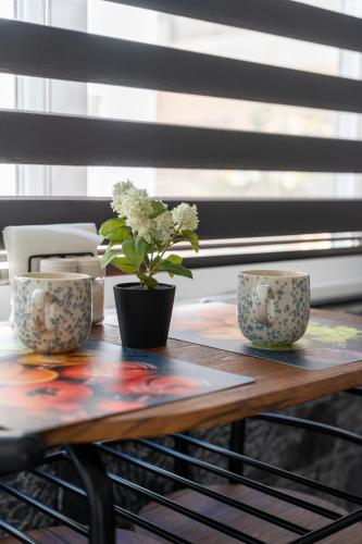 uma mesa com duas xícaras e uma planta com vasos em Best4U Beachside Studio for 2 pax em Hersonissos