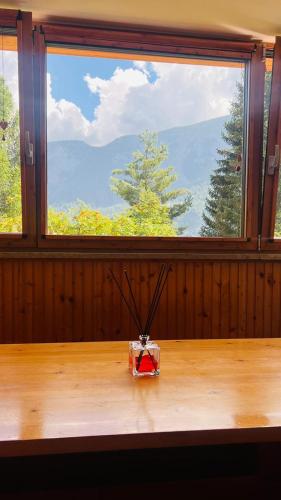 a room with a large window and a table with scissors at Residence Larici Belvedere in Folgarida
