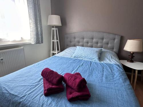 a bed with two purple fuzzy pillows on it at Beau studio proche Strasbourg in Illkirch-Graffenstaden