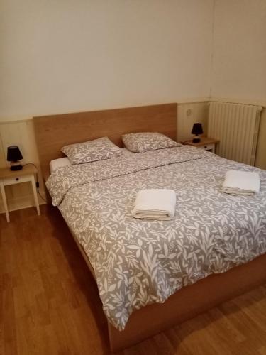 une chambre avec un lit avec deux serviettes dessus dans l'établissement Bel appartement à Bastide St Louis, à Carcassonne