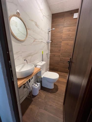 a bathroom with a sink and a toilet and a mirror at Guest House Kalina,Studio 3 in Ammouliani
